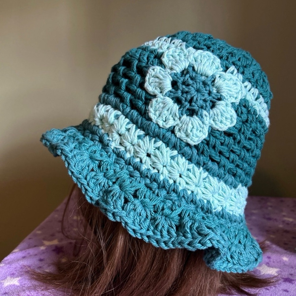 Handmade Teal & Light Teal Crochet Bucket Hat with Flower Accent